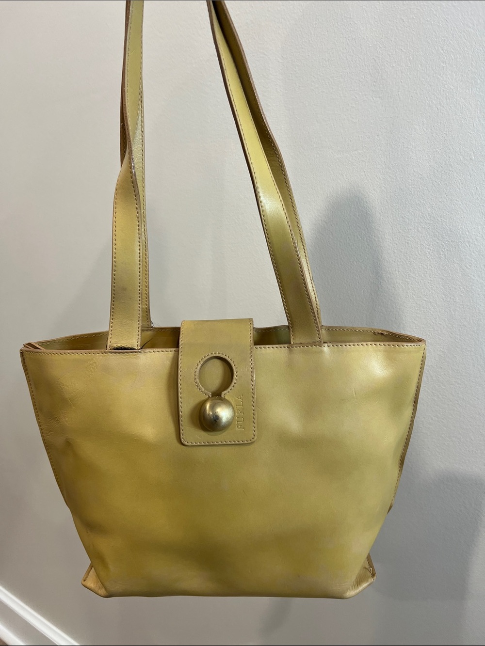 Furla Yellow Leather Shoulder Tote with Gold Button